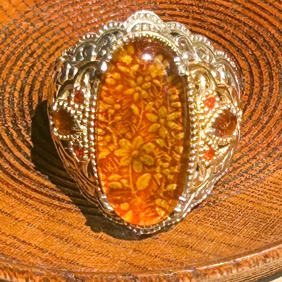 BALTIC AMBER Carved Oval Ring 925 Sterling Silver Statement Ring - Picture 4 of 7